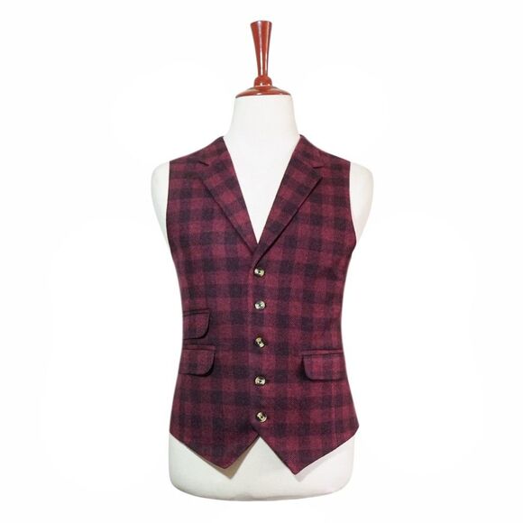 Mens 46R Wool Vest Burgundy Black Plaid Check Waistcoat Formal Wedding Party